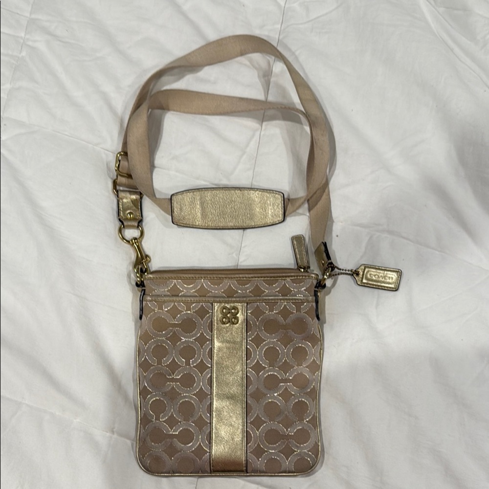 Coach Tan and Gold Crossbody Bag with Adjustable Strap